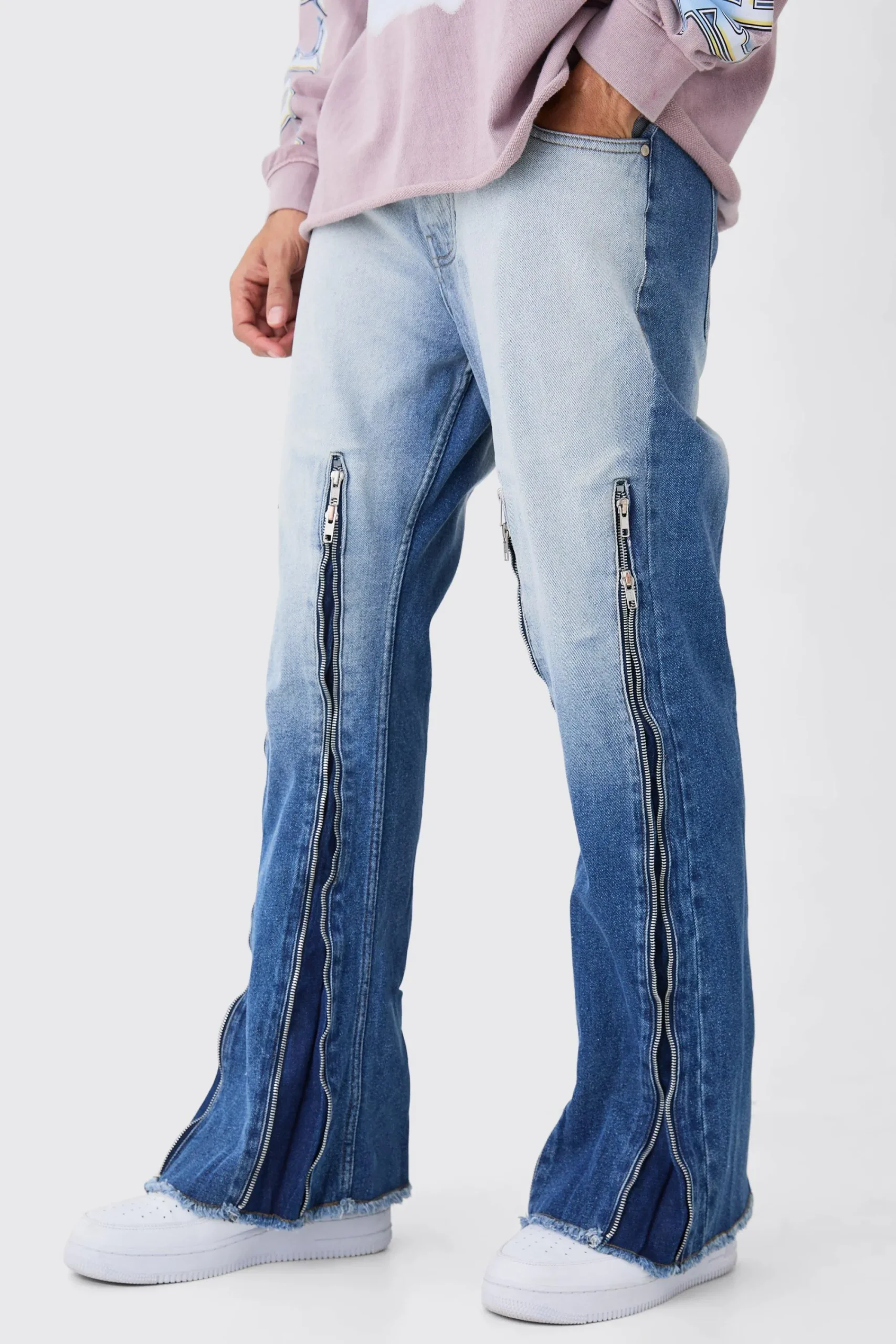 boohooMAN Relaxed Rigid Flare Multi Zip Gusset Jeans In | UK| Trousers|Jeans