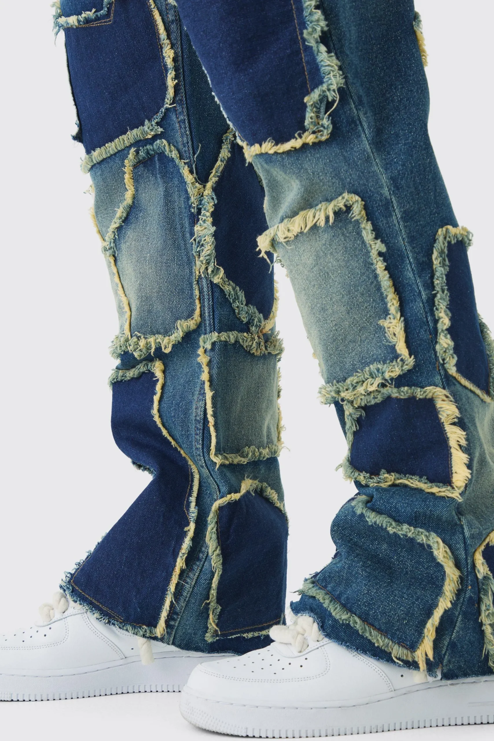 boohooMAN Relaxed Rigid Flare Patchwork Distressed Jeans | UK| Jeans