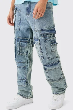 boohooMAN Relaxed Rigid Multi Pocket Cargo Jeans In Tinted Blue | UK| Trousers|Jeans