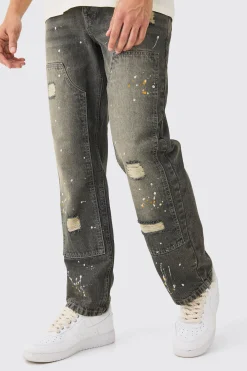 boohooMAN Relaxed Rigid Ripped Carpenter Paint Splatter Jeans In Antique | UK| Trousers|Jeans