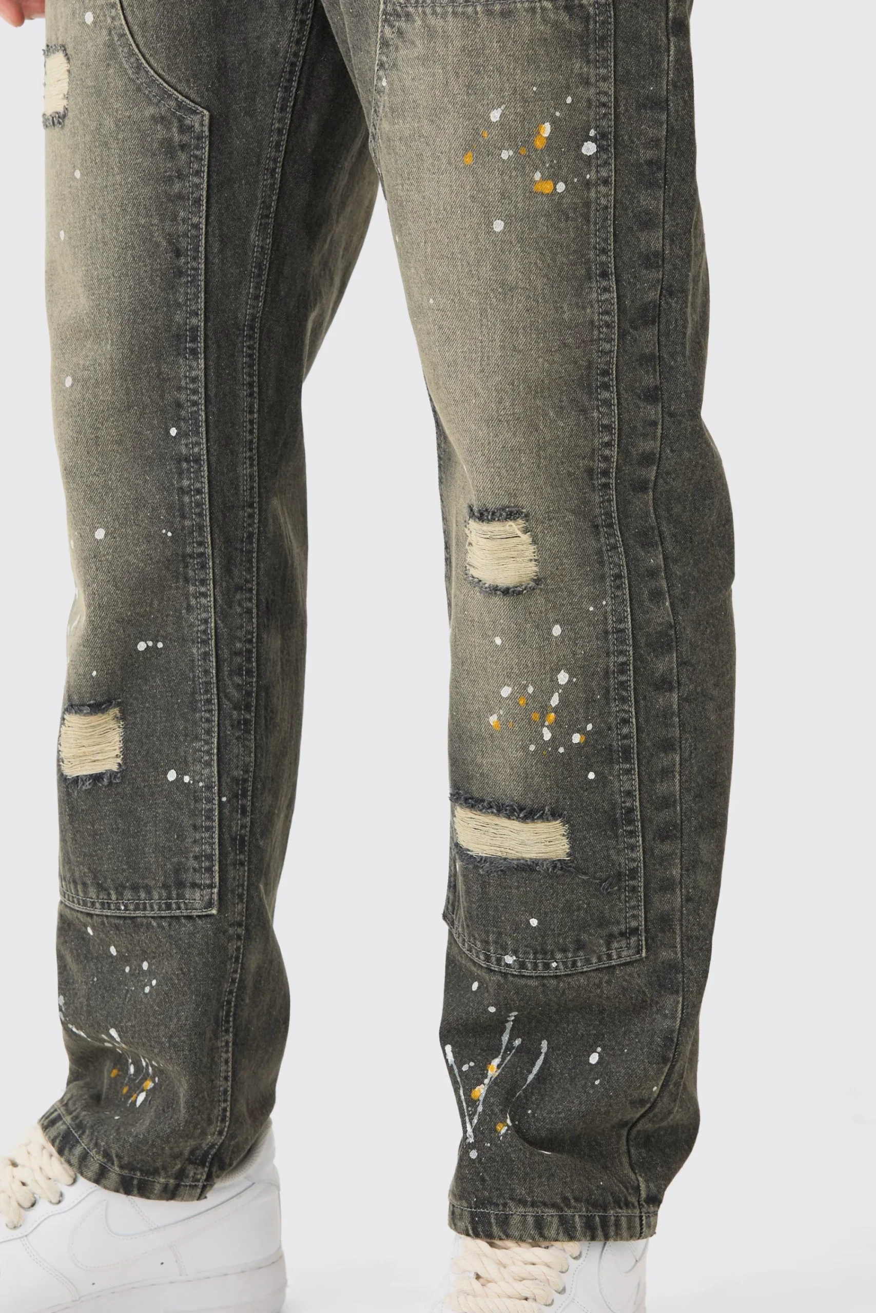 boohooMAN Relaxed Rigid Ripped Carpenter Paint Splatter Jeans In Antique | UK| Trousers|Jeans