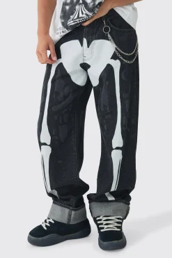boohooMAN Relaxed Rigid Skeleton Printed Jeans With Chain | UK| Jewellery & Watches|Jeans