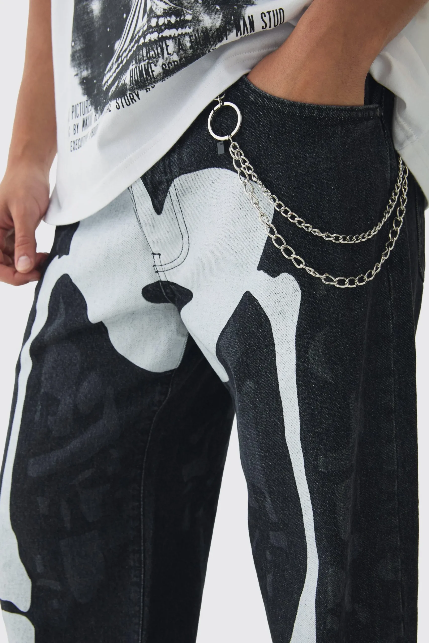 boohooMAN Relaxed Rigid Skeleton Printed Jeans With Chain | UK| Jewellery & Watches|Jeans