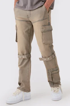 boohooMAN Relaxed Rigid Strap Detail Cargo Jeans In Antique | UK| Trousers|Jeans