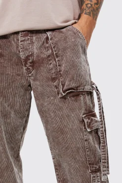 boohooMAN Relaxed Strap Detail Acid Wash Corduroy Trousers | UK| Trousers