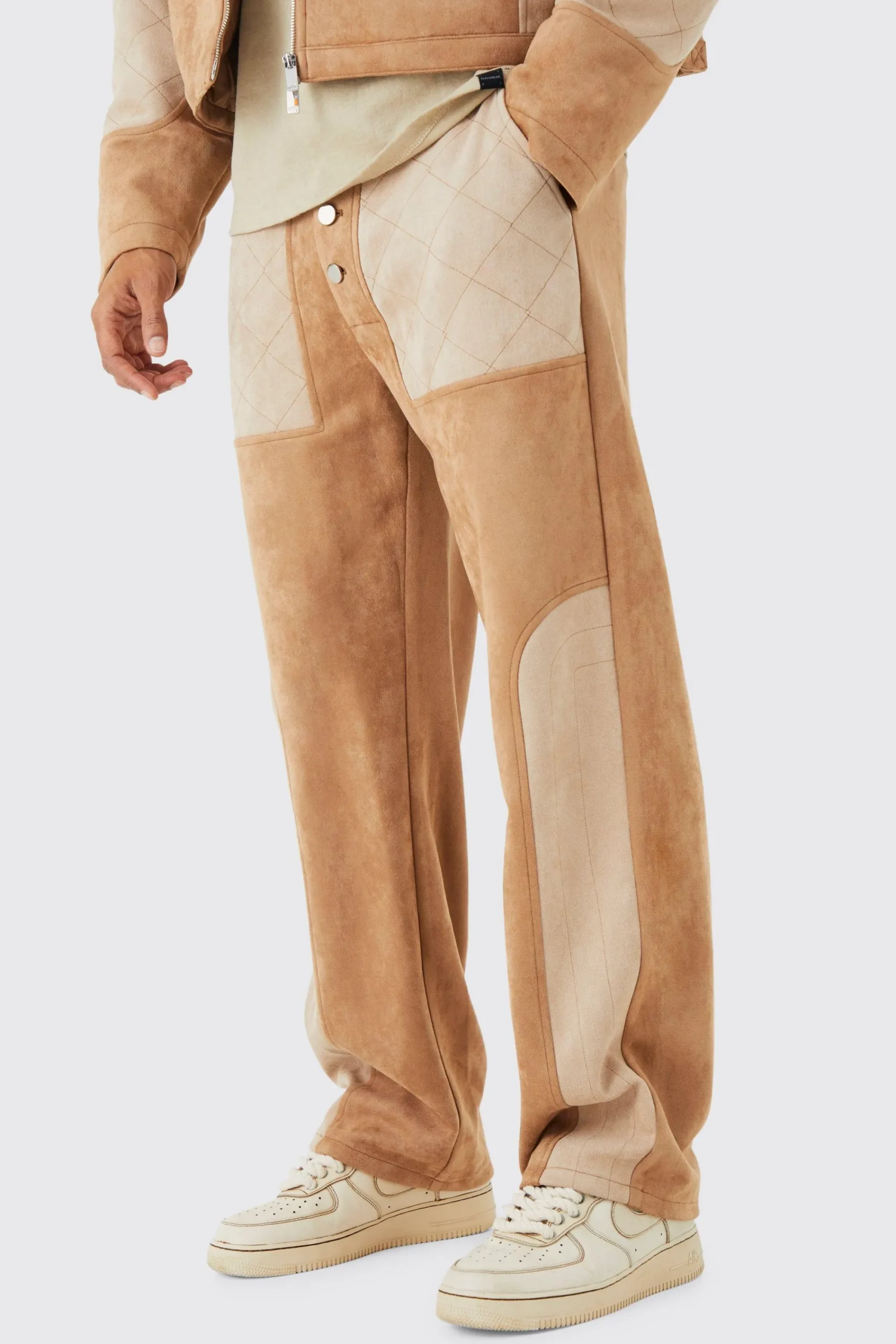 boohooMAN Relaxed Suede Quilted Panel Trouser | UK| Trousers