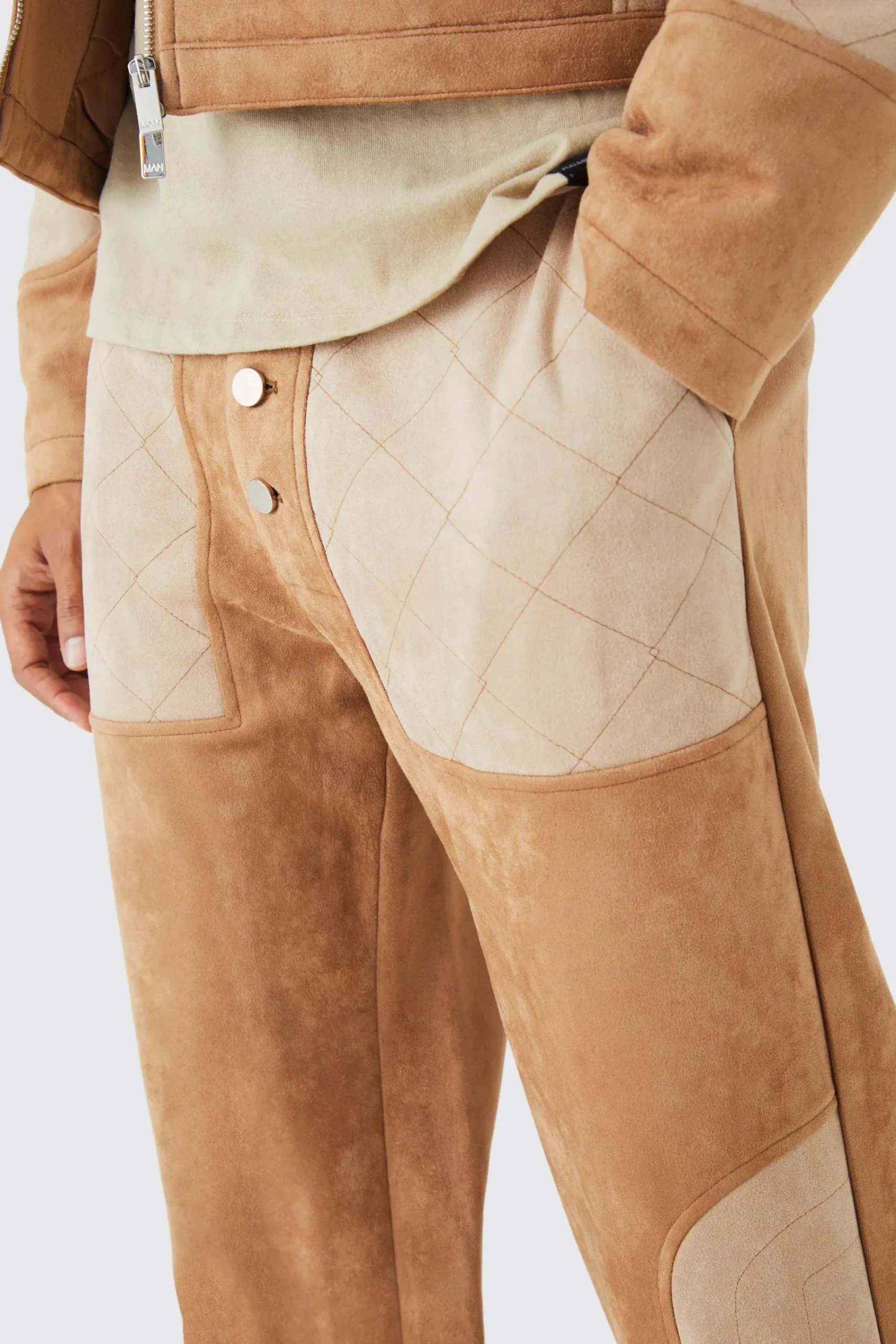 boohooMAN Relaxed Suede Quilted Panel Trouser | UK| Trousers