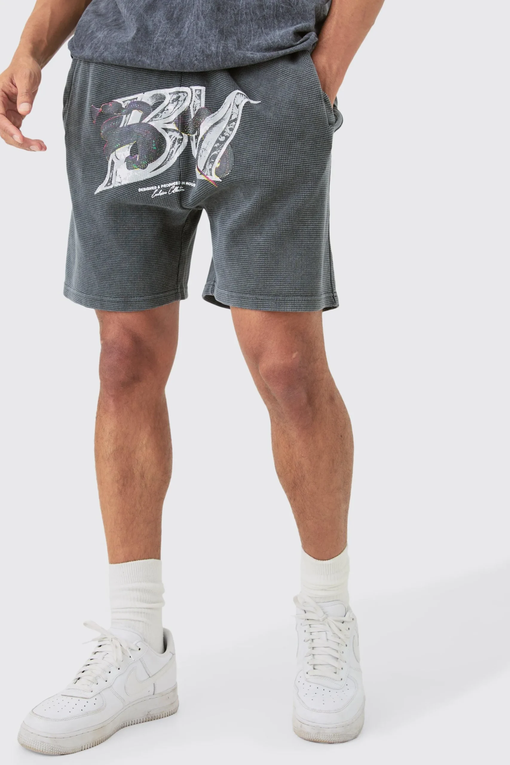 boohooMAN Relaxed Washed Heavyweight Graphic Volley Waffle Shorts | UK| Shorts