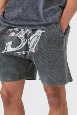 boohooMAN Relaxed Washed Heavyweight Graphic Volley Waffle Shorts | UK| Shorts