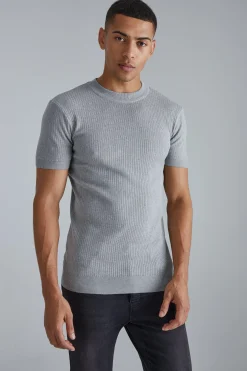 Ribbed Muscle Short Sleeve Extended Neck Knitted T-shirt | UK^boohooMAN Online
