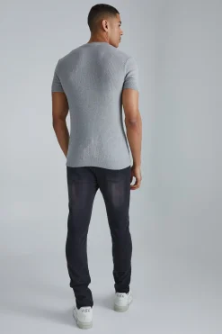 Ribbed Muscle Short Sleeve Extended Neck Knitted T-shirt | UK^boohooMAN Online
