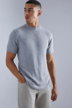 Ribbed Short Sleeve Extended Neck Knitted T-shirt | UK^boohooMAN Online