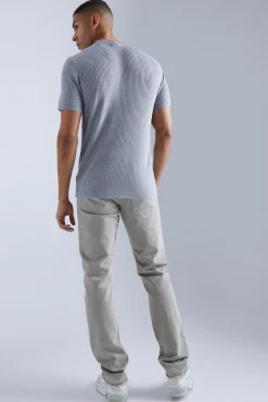 Ribbed Short Sleeve Extended Neck Knitted T-shirt | UK^boohooMAN Online