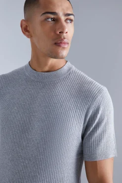 Ribbed Short Sleeve Extended Neck Knitted T-shirt | UK^boohooMAN Online