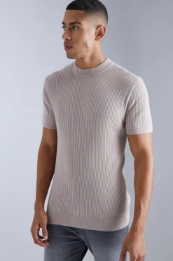 Ribbed Short Sleeve Extended Neck Knitted T-shirt | UK^boohooMAN Outlet