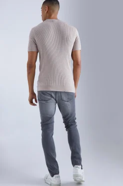 Ribbed Short Sleeve Extended Neck Knitted T-shirt | UK^boohooMAN Outlet