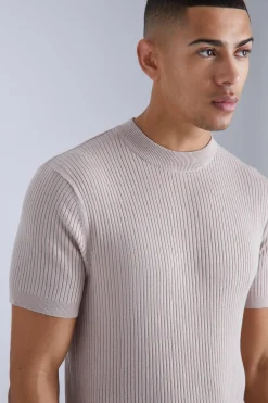 Ribbed Short Sleeve Extended Neck Knitted T-shirt | UK^boohooMAN Outlet