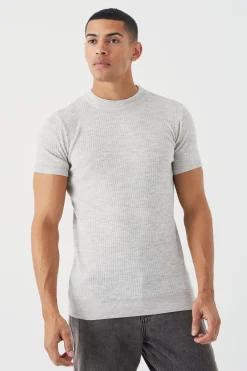 Ribbed Short Sleeve Extended Neck Knitted T-shirt | UK^boohooMAN New