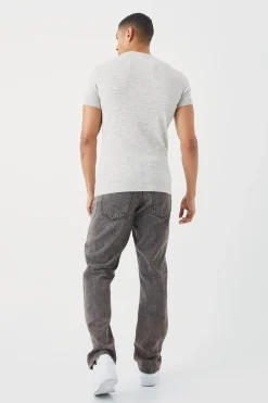 Ribbed Short Sleeve Extended Neck Knitted T-shirt | UK^boohooMAN New