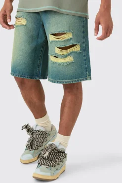 boohooMAN Rigid Knee Rip Tinted Denim Jorts | UK| Shorts