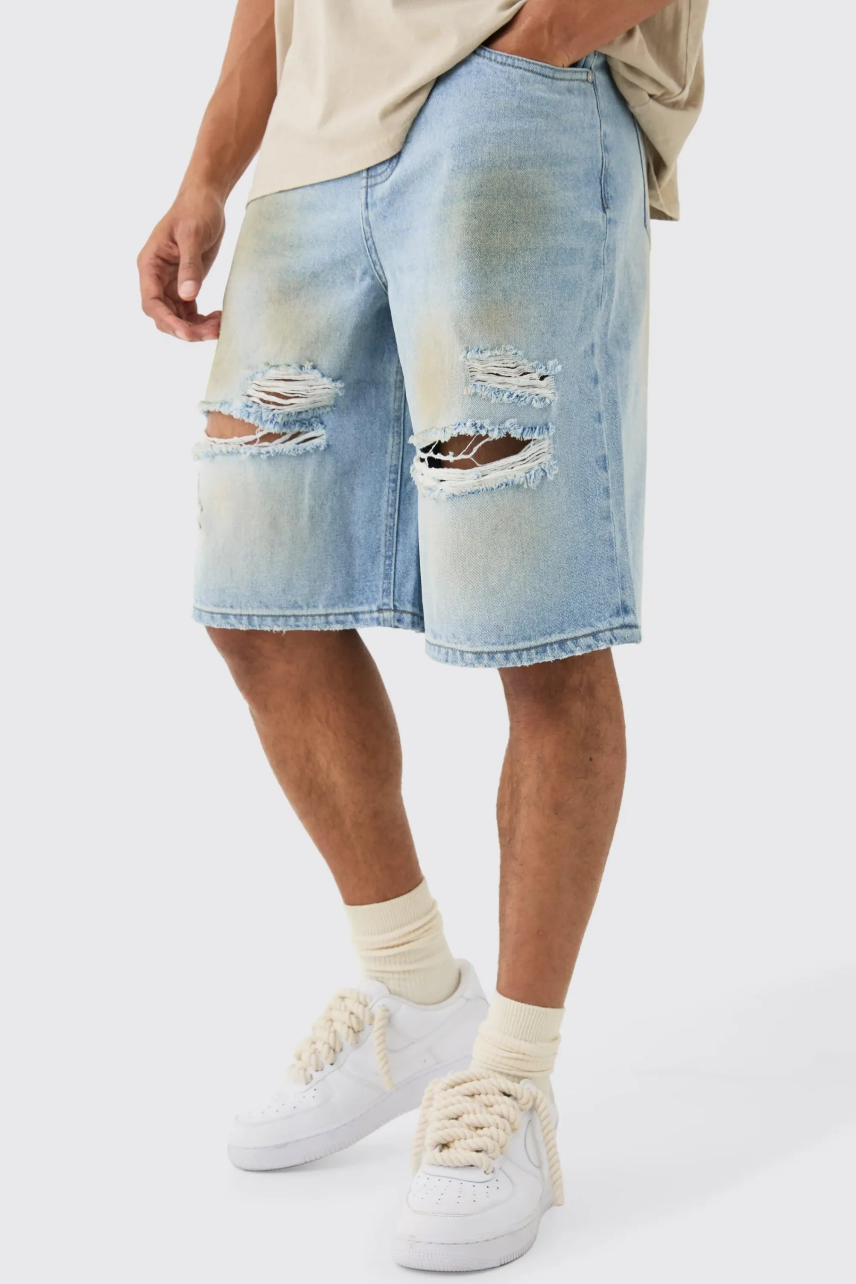 boohooMAN Ripped Dirty Wash Denim Jorts In | UK| Shorts