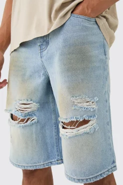 boohooMAN Ripped Dirty Wash Denim Jorts In | UK| Shorts