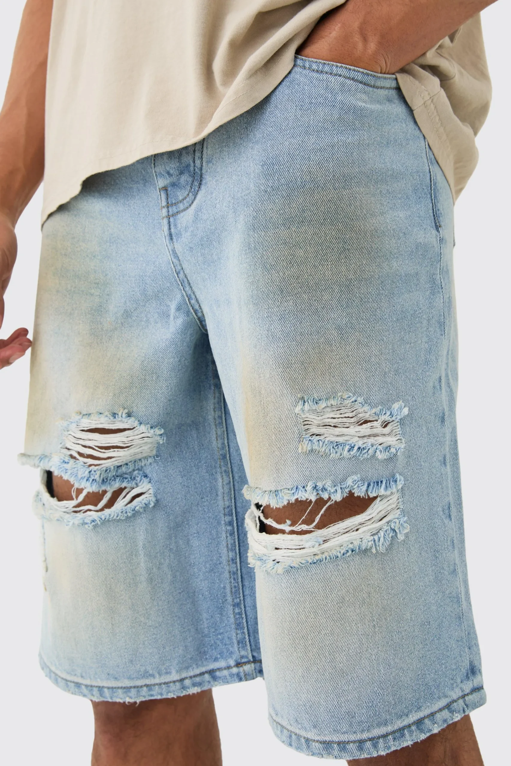 boohooMAN Ripped Dirty Wash Denim Jorts In | UK| Shorts