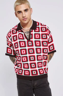 Short Sleeve Boxy Fit Revere Crochet Polo | UK^boohooMAN Best