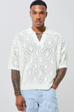 Short Sleeve Boxy Fit Revere Open Knit Polo | UK^boohooMAN