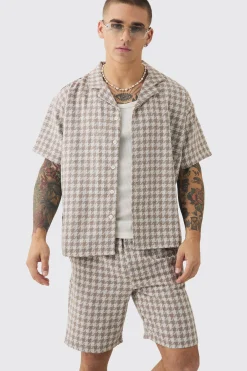 boohooMAN Short Sleeve Boxy Linen Look Houndstooth Shirt & Short | UK| Sets & Co-Ords