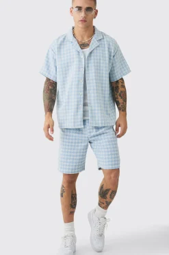 boohooMAN Short Sleeve Boxy Linen Look Houndstooth Shirt & Short | UK| Sets & Co-Ords