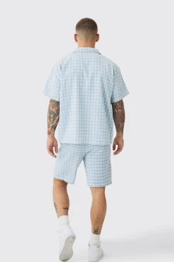 boohooMAN Short Sleeve Boxy Linen Look Houndstooth Shirt & Short | UK| Sets & Co-Ords