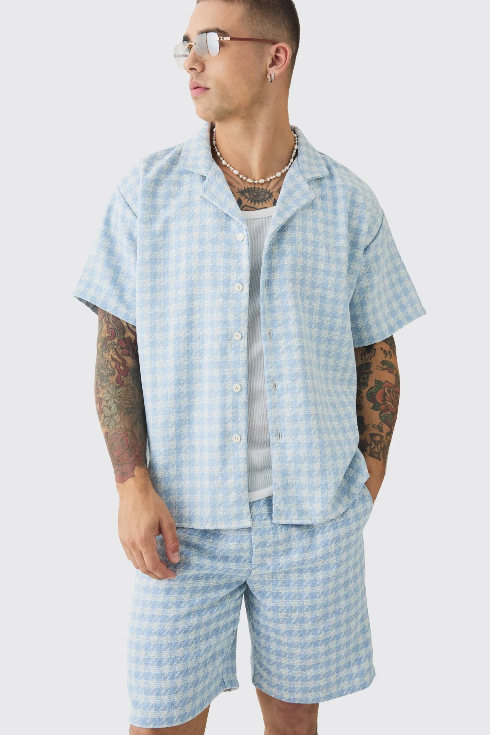 boohooMAN Short Sleeve Boxy Linen Look Houndstooth Shirt & Short | UK| Sets & Co-Ords