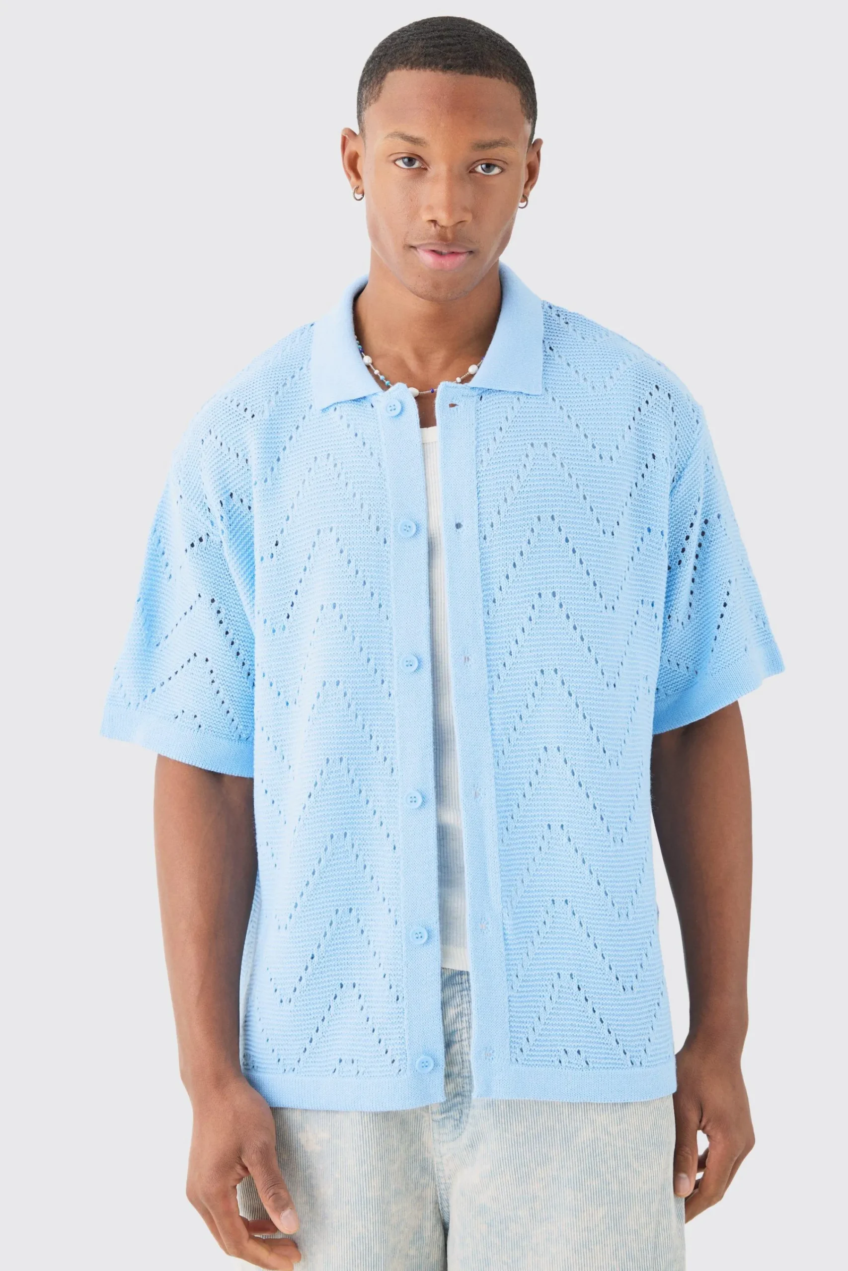boohooMAN Short Sleeve Boxy Open Stitch Knitted Shirt | UK| Shirts