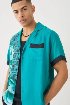 boohooMAN Short Sleeve Boxy Viscose Spliced Statue Shirt | UK| Shirts