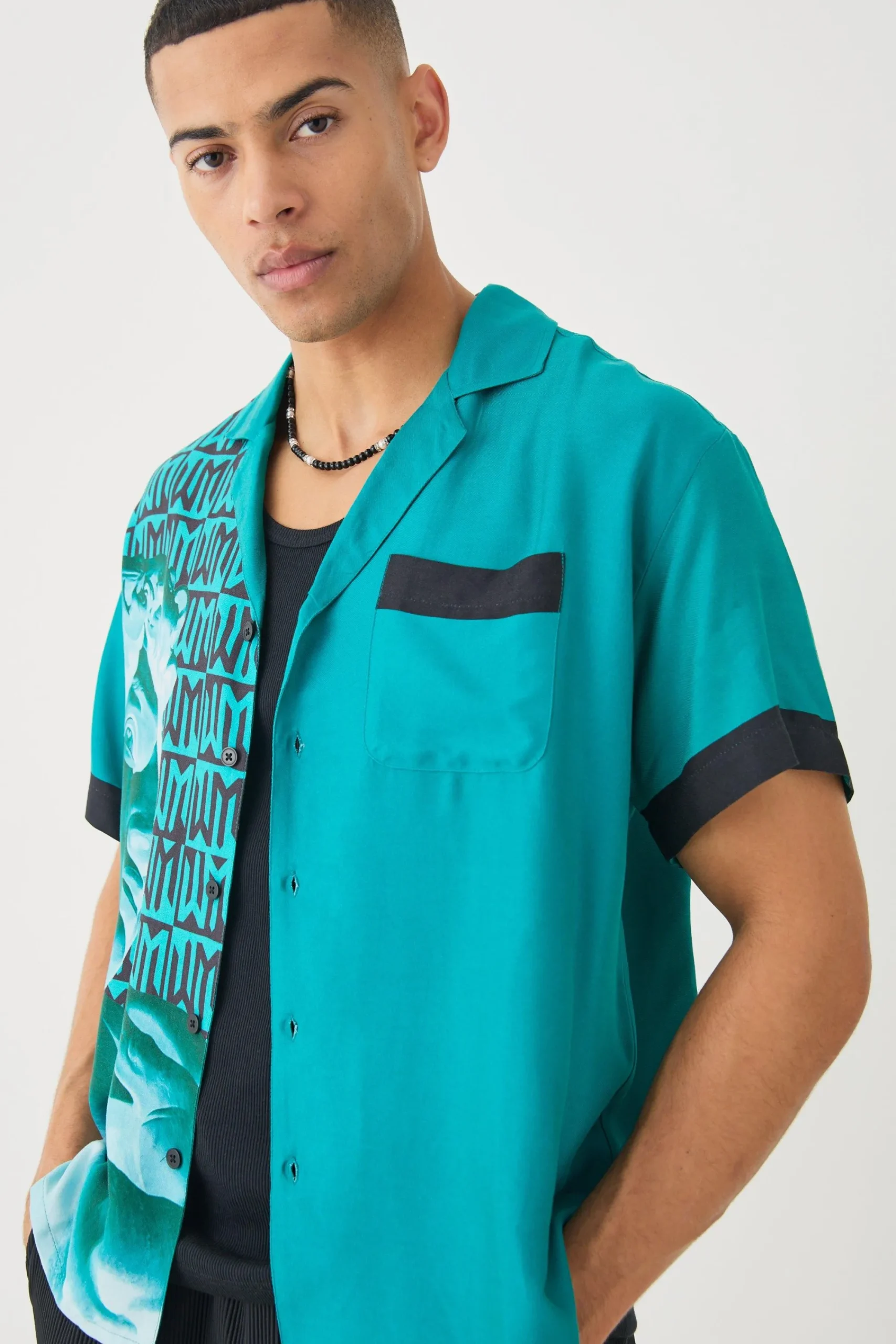 boohooMAN Short Sleeve Boxy Viscose Spliced Statue Shirt | UK| Shirts