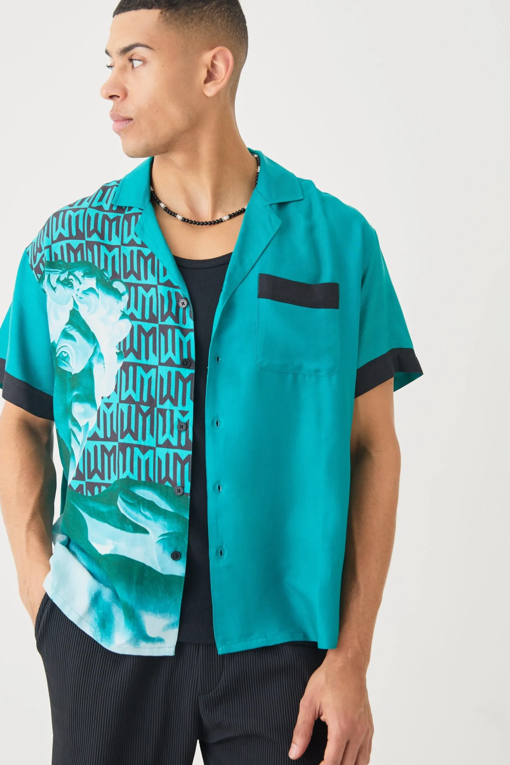 boohooMAN Short Sleeve Boxy Viscose Spliced Statue Shirt | UK| Shirts