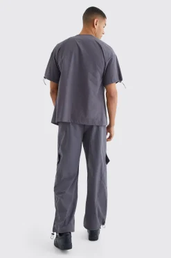 boohooMAN Short Sleeve Collarless Technical Zip Set | UK| Sets & Co-Ords