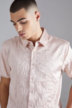 boohooMAN Short Sleeve Crinkle Satin Sheen Shirt | UK| Shirts