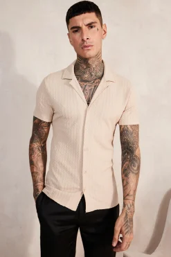 boohooMAN Short Sleeve Drop Revere Muscle Crinkle Shirt | UK| Shirts