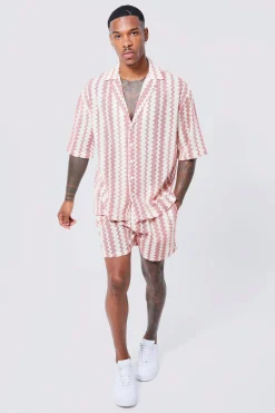 boohooMAN Short Sleeve Drop Revere Zig Zag Open Weave Shirt And Short | UK| Sets & Co-Ords