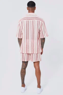 boohooMAN Short Sleeve Drop Revere Zig Zag Open Weave Shirt And Short | UK| Sets & Co-Ords