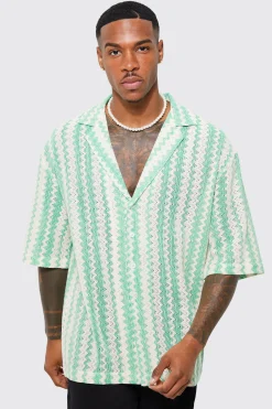 boohooMAN Short Sleeve Drop Revere Zig Zag Open Weave Shirt | UK| Shirts