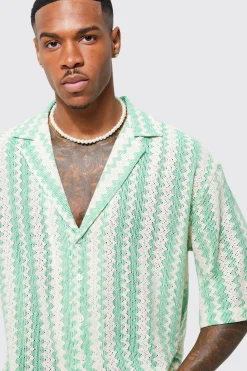 boohooMAN Short Sleeve Drop Revere Zig Zag Open Weave Shirt | UK| Shirts