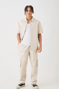 boohooMAN Short Sleeve Drop Shoulder Pu Overshirt & Cargo Trouser Set | UK| Trousers|Cargos