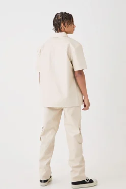boohooMAN Short Sleeve Drop Shoulder Pu Overshirt & Cargo Trouser Set | UK| Trousers|Cargos