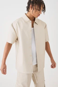 boohooMAN Short Sleeve Drop Shoulder Pu Overshirt & Cargo Trouser Set | UK| Trousers|Cargos