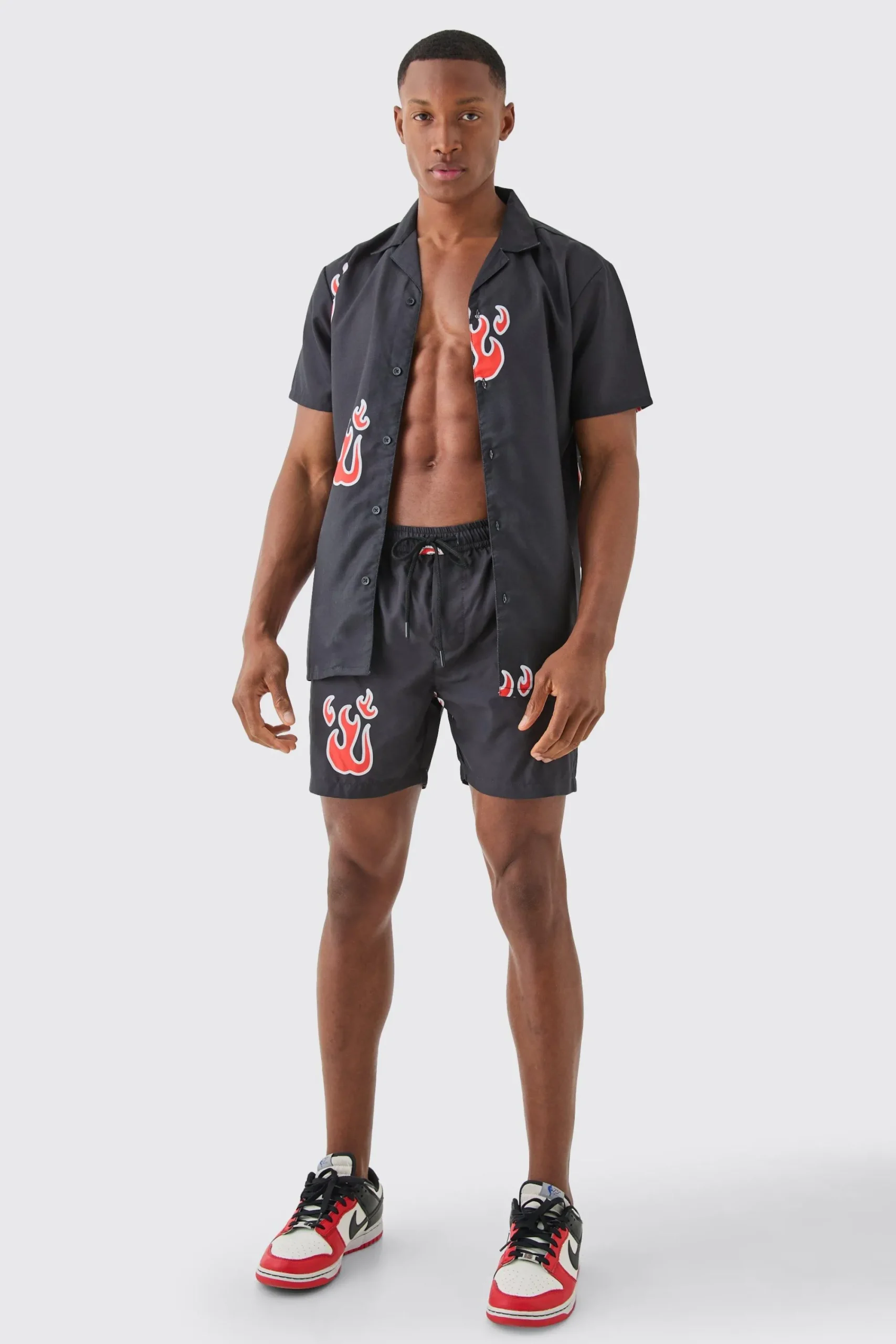 boohooMAN Short Sleeve Flame Shirt & Swim Set | UK| Sets & Co-Ords