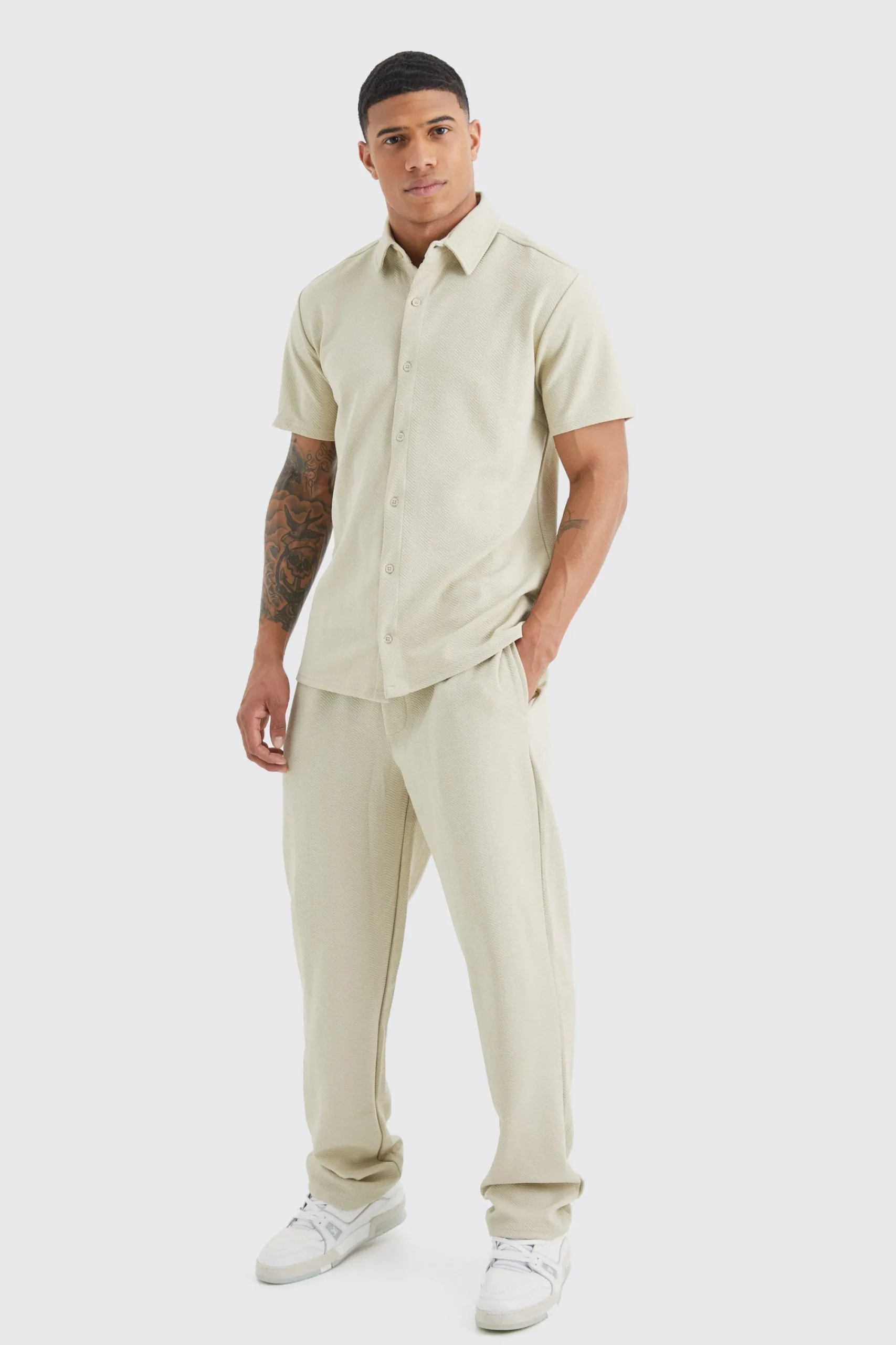 boohooMAN Short Sleeve Jersey Herringbone Shirt And Trouser Set | UK| Sets & Co-Ords