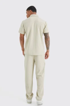 boohooMAN Short Sleeve Jersey Herringbone Shirt And Trouser Set | UK| Sets & Co-Ords